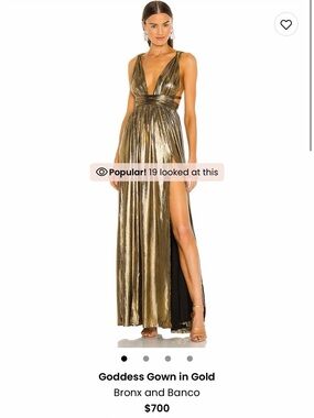Bronx and Banco Goddess Dress in Metallic Gold Plunging Evening Gown